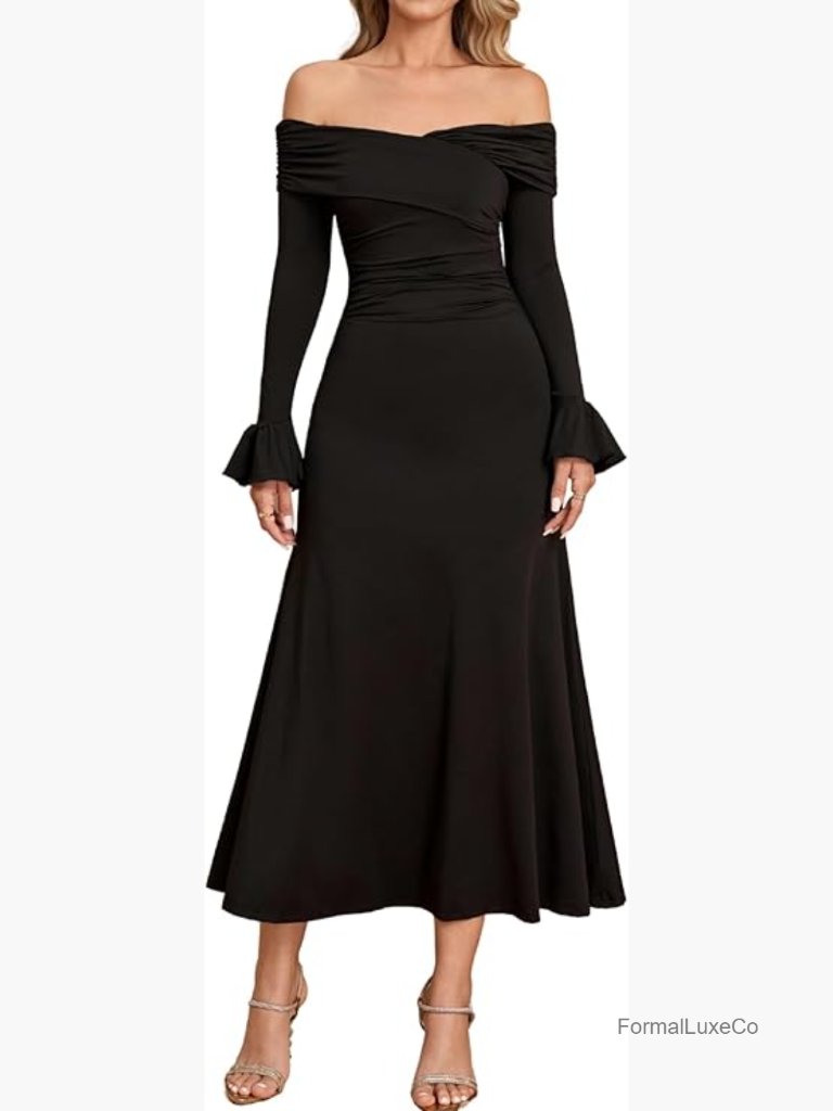 Off Shoulder Long Sleeve Ruched Midi A Line Wedding Guest Cocktail Party Dress